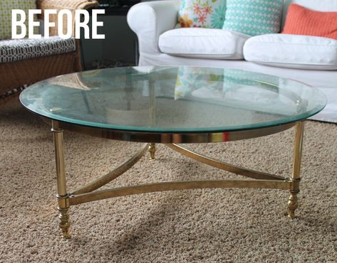 This ugly brass coffee table gets a makeover. Click through to see the "after" pictures! Glass Top Coffee Table Makeover, Glass Table Makeover, Glass Table Redo, Glass Coffee Table Makeover, Coffee Table Redo, Things Paint, Furniture Repurposing, Table Redo, Brass Coffee