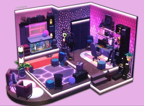 Sims 4 Geek Room, Gamer House Sims 4, Sims 4 Streamer Room, Gamer Room Sims 4, Sims 4 Gaming Room, Gamer Bedroom Ideas, Futuristic Living Room, Cyberpunk Apartment, Bedroom Gamer