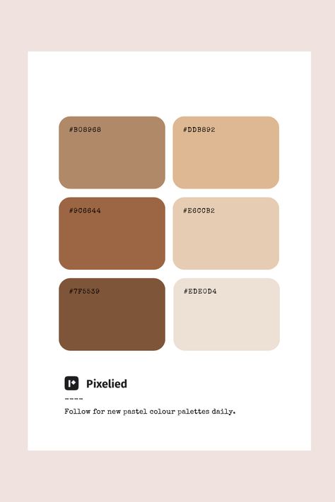 This brown color palette ranges from deep, rich chocolate tones to soft, creamy beige hues. These versatile shades add warmth, depth, and a natural elegance to any design, making them perfect for illustration, branding, typography, and web UI. Brown Scheme Colour Palettes, Biscuit Color Palette, Brown Color Palette Combination, Pastel Brown Color Palette, Beige And Brown Color Palette, Soft Brown Color Palette, Brown Color Palette Hex Code, Milk Tea Color Palette, Biege Colour Combinations