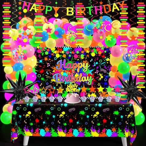 PRICES MAY VARY. Glow in The Dark Birthday Party Decorations----Including 1 happy birthday backdrop, 1 tablecloth, 1 happy birthday neon banner, 1 cake topper, 10 cupcake toppers, 2 foil balloons, 10 neon stars hanging swirls, 3 neon garlands, 6 neon black light reactive glow tapes, 84 latex balloons, 3 balloon tools, 122 in total.（All accessories need violet light to shine, the accessories themselves don't emit light, violet light is not included. ） Light Up Balloon Garland Arch----Our packages Christmas Glow Party, Neon 21st Birthday Party, Glow Theme Party Decoration, Neon Banner, Glow Theme Party, Glow Tape, Dark Birthday, 3 Balloon, Neon Stars