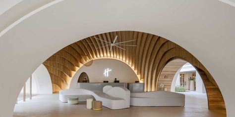 A modern hotel lobby that includes curved walls, hanging planes of bamboo, and hidden lighting that highlights the design. Modern Hotel Lobby, Chalet Interior Modern, Tropical Interior Design, Midcentury House, Hidden Lighting, Chalet Interior, Bamboo House, Architecture Building Design, Traditional Houses