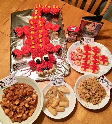 Mulan movie night Movie Themed Potluck, Themed Movie Night Ideas Food, Family Movie Night Themed Food, Disney Movie Theme Meals, Mulan Recipes, Disney Appetizers, Mulan Food Recipes, Mulan Dinner Ideas, Mulan Inspired Food