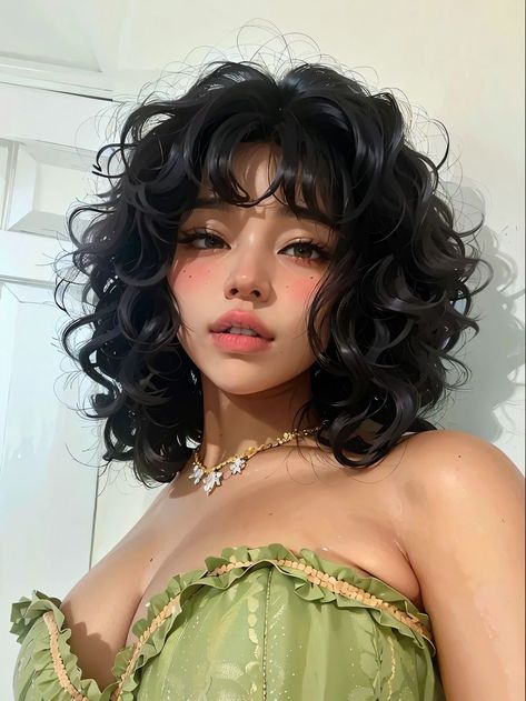 Aesthetic Haircuts Curly Hair, Box Cut Hair, Curly Hair Oc, Curly Hair Reference, Emo Shag, Bob Black Women, Fluffy Bob, Short Hair Curly, Bob Black