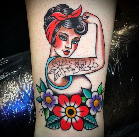 Tattoo Ideas Female Old School, Old School Tattoo For Women, Tradional Tattoo Women, Traditional Pin Up Girl Tattoos, Traditional Tattoo Women, Rosie The Riveter Tattoo, 70s Tattoo, Empowerment Tattoo, Tattoo Artist Tips