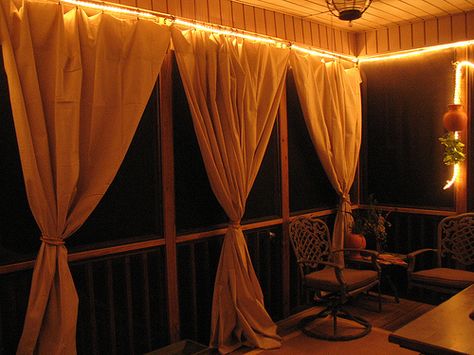 Drop cloth curtain tutorial for the screened in patio Diy Patio Ideas, Cloth Curtains, Porch Curtains, Patio Privacy, Backyard Shade, Hot Tub Backyard, Cool Shower Curtains, Cheap Patio, Patio Curtains