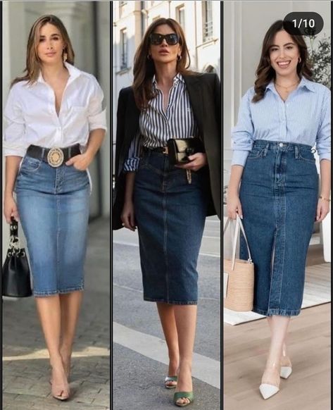 Jean Skirt Outfits, Chique Outfit, Denim Skirt Outfits, Classy Fashion, Modieuze Outfits, Modest Fashion Outfits, Looks Chic, Professional Outfits, Classy Women