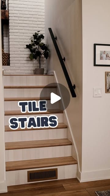 Kelsey + Ryan Mansingh | DIY & Renovation on Instagram: "Quick & easy staircase makeover with tile, and NO thinset! A fun way to add texture and elevate your stairs without it being too overwhelming. You can do this with SO many different colors and style of tile! Let us know what you think, and would you try this?! #easydiy #diy #quickdiy #homeimprovement #diyproject #diyhack" Stair Riser Tile Ideas, Tile Risers On Stairs, Tiles On Stairs, Stair Riser Ideas, Tiled Stairs, Diy Stairs Makeover, Tiled Staircase, Concrete Staircase, Stairs Makeover