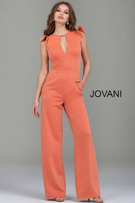 Jovani Gown, Women Church Suits, Evening Jumpsuit, Affordable Prom Dresses, Fitted Jumpsuit, Jovani Dresses, Designer Gowns, Ruffle Sleeves, Wide Legs