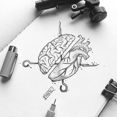 Brain vs heart - Illustration inspiration #illustration Brain Vs Heart, Brain Tattoo, Brain Illustration, طابع بريدي, Brain Art, Art Drawings Sketches Pencil, Heart Drawing, Dark Art Drawings, Pencil Art Drawings