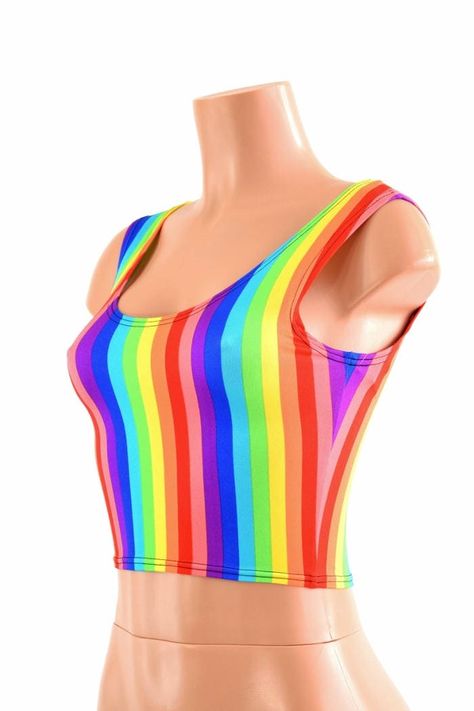 "This item is made to order, please read all the way through the listing before purchasing! Four way stretch lycra spandex in a rainbow print! It features a scoop neckline in front and back, and fits like a glove.  TOP LENGTH: Underarm to hemline measures 8\" Womens Sizing (See below for instructions on where measurements should be taken) XXS: Bust 29\"-30\" / Waist 22\"-23\" / Hips 30\"-32\" Extra Small: Bust 31\"-32\" / Waist 24\"-25\" / Hips 33\"-35\" Small: Bust 33\"-34\" / Waist 26\"-28\" / Striped Stockings, Tank Crop Top, Rainbow Outfit, Pride Outfit, Rave Festival, Pride Parade, Rainbow Flag, Rainbow Stripes, Art Clothes