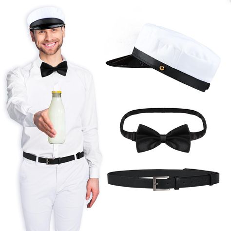 PRICES MAY VARY. Package Content: this package comes with 1 piece of milkman hat, 1 piece of bow tie and 1 piece of black belt, rich content and nice combination to meet your Halloween cosplay use and replacement needs: You can match them according to your preference Wide Usages: these milkman costume accessories can be applied to different occasion, such as Halloween costume party, 50s costume party, cosplay party, theater show, Carnival, music festival, theme party and more, suitable for daily Milkman Cosplay, Milkman Costume, 50s Outfits Men, 50s Costume, Milk Man, 50s Outfits, Festival Theme, 50s Vintage, Halloween Party Costumes