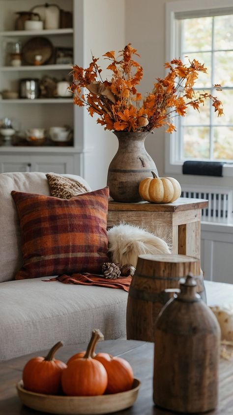 Discover how to create a cozy and inviting atmosphere with neutral fall decor in The Home Farmhouse Explore ideas for styling your front porch living room DIY projects bedroom mantel kitchen and fireplace Get inspired for the upcoming years Home 2023 Home 2022 and beyond Room Diy Projects, Interiors 2024, Thanksgiving Decorations For Home, Neutral Fall Decor Ideas, Front Porch Living, Autumn Ambiance, Autumn Core, Rustic Arrangements, Autumn Cottage