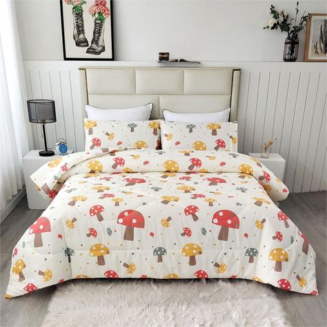 PRICES MAY VARY. Bed in a Bag：The mushroom queen comforter set includes 1 comforter (90”*90”) + 2 pillowcases (20”*30”). Quality：Face of the soft queen comforter is made of fine microfiber. 3 stitches of work per CM makes it durable. The insert is used of prime cotton to make the mushroom comforter queen size cozy. Great dyeing technology makes the rainbow-like colors vibrant and lasting. Cute Design：The mushroom queen size comforter set is designed with various cute mushroom patterns on white b Mushroom Comforter, Full Size Bed Comforter, Mushroom Bedroom, Mushroom Patterns, Full Size Duvet Cover, Full Size Comforter Sets, Cute Duvet Covers, Queen Size Bed Sets, Twin Size Comforter