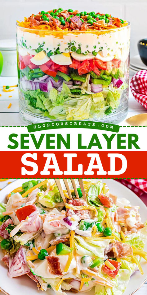 An easy BBQ side dish! Everyone will love this summer salad. Full of fresh and colorful ingredients with a sweet dressing, this seven layer salad recipe is delicious with a striking presentation! Serve this layered salad with your Memorial Day party food! Vegetarian Memorial Day Recipes, Memorial Day Food Ideas Bbq, Seven Layer Salad Dressing, Memorial Day Salads, Memorial Day Sides, Best Bbq Sides, Sweet Salad Dressing, Salad For Bbq, Memorial Day Side Dishes