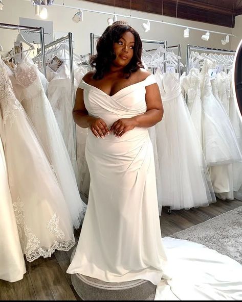 Plus Size Off-the-Shoulder Crepe Wedding Dress Kayla by Rebecca Ingram. Click to find this gown! . . . . #plussizeweddingdress #offtheshoulderweddingdress #simpleweddingdress #crepeweddingdress #sheathweddingdress Plus Size Crepe Wedding Dress, Plus Sized Satin Wedding Dress, Off The Shoulder Satin Wedding Dress Plus Size, Ivory Off Shoulder Plus Size Wedding Dress, Maggie Soterro Wedding Dress Plus Size, Short Engagement, Crepe Wedding Dress, Ship Wedding, Designer Wedding Gowns