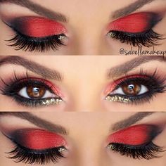 Brown eyes are so gorgeous, and the best thing about them is that you can rock any style of makeup. Check out the top twenty four eye makeup looks! Halloween Smink, Red Smokey Eye, Devil Makeup, Make Up Designs, Eyeliner Tips, Red Eye Makeup, Balayage Bob, Smokey Eye Tutorial, Red Eyeshadow