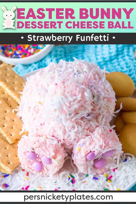 This adorable Bunny Butt Strawberry Funfetti Dip is made with cream cheese and strawberry cake mix which makes it perfect for dipping cookies.  A quick coat of shredded coconut gives this bunny his fur.  This Easter Bunny Dessert Cheese Ball is going to be the cutest dessert on your Easter table! | www.persnicketyplates.com Dipping Cookies, Easter Bunny Desserts, Funfetti Dip, Bunny Desserts, Dessert Cheese Ball, Persnickety Plates, Easter Sweet Treats, Easter Fun Food, Easter Foods