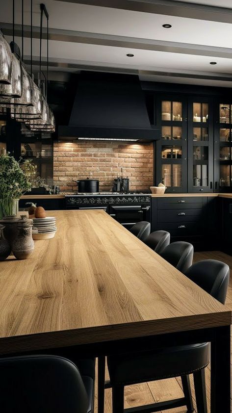 A black shaker style kitchen with wooden work surfaces and large central table. Industrial Style House, Brick Kitchen, Sleek Kitchen, Black Kitchen Cabinets, Diy Play Kitchen, Diy Kitchen Furniture, Diy Outdoor Kitchen, Wood Furniture Diy, Elegant Kitchens