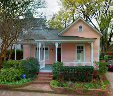 Victorian Era Pink Cottage Home in Charlotte NC. Gorgeous Little Pink House. Charming and cozy Storybook tiny home. Exterior View Pink Bungalow, Peach House Exterior, Houses In Charlotte Nc, Cottage House Exterior, Cottage Bungalow, Cute Cottages, House Design Exterior, Pink Cottage, Victorian Cottage