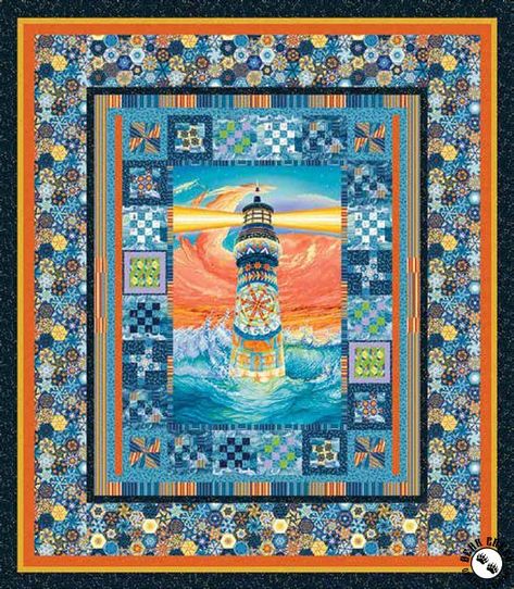 The Lightkeeper's Quilt Free Quilt Pattern Lighthouse Panel Quilts, Lighthouse Quilt, Lighthouse Sketch, Hexie Patterns, Nautical Quilt, Panel Quilt Patterns, Beach Quilt, Sea Quilt, Magical Images