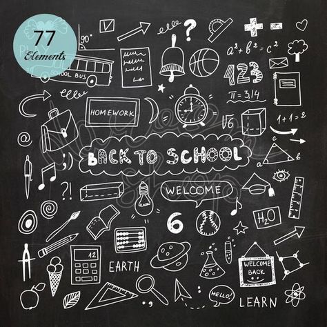 Chalk Hand Drawn School Clip Art/Education Elements and Symbols/Chalkboard Clipart/Doodle Collection School Chalkboard Art, Chalkboard Clipart, Back To School Chalkboard, Chalkboard Doodles, Chalkboard Calendar, Notebook Doodles, Chalkboard Drawings, Heart Doodle, School Chalkboard