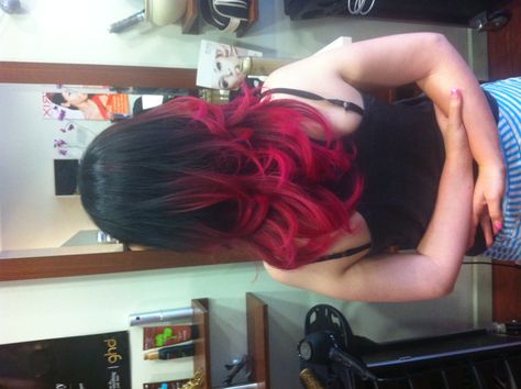 Black to hot pink root fade (ombrè) Black Roots Pink End, Black Hot Pink Hair, Black To Pink Ombre Hair Short, Pink Tips Hair Black, Ombré Hair Pink, Hot Pink Hair Ombre, Black And Pink Hair Ombre, Hot Pink Hair Tips, Pink Ends Hair Black