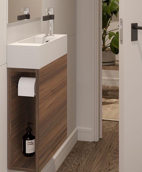 Compact Bathroom Design, Narrow Bathroom Vanities, Coastal Oak, Oak Vanity, Corner Toilet, Bathroom Crafts, Architectural Designer, Designer Bathroom, Compact Bathroom