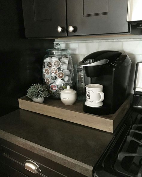 . Keurig On Countertop, K Cup Storage Ideas Counter Space, Keurig Cup Storage Ideas, Coffee Tray Station Counter Space, Keurig Coffee Station On Counter, Kitchen Counter Corner Decor Ideas, Kitchen Counter Corner Decor, Rj Davis, Coffee Bar Tray