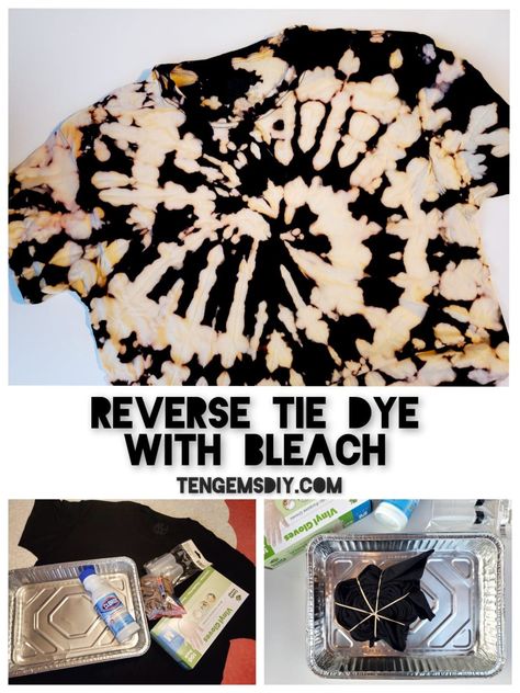 How To Make Reverse Tie Dye With Bleach - TenGemsDIY.com Diy Reverse Tie Dye Bleach, Reverse Tie Dye With Bleach, Tie Dye With Bleach, Beach Halloween, Ty Dye, Diy Tie Dye Techniques, Diy Tie Dye Designs, Tie Dye Patterns Diy, Diy Tie Dye Shirts