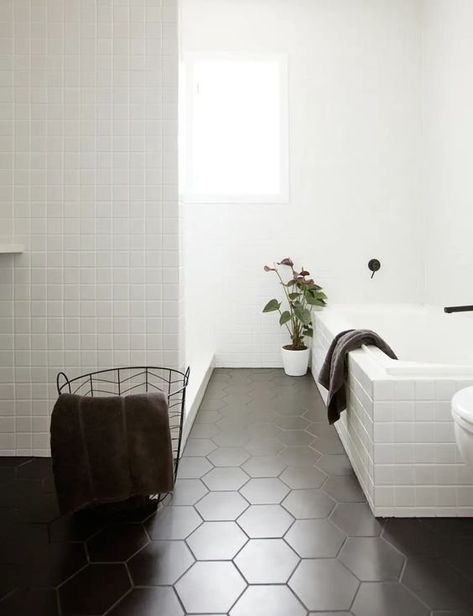 Black Hexagon Tile Bathroom, Hexagon Tile Bathroom, Black Hexagon Tile, Black Grout, Black Floor Tiles, Hexagon Tile, Bathtub Remodel, White Tile Floor, Tile Trends