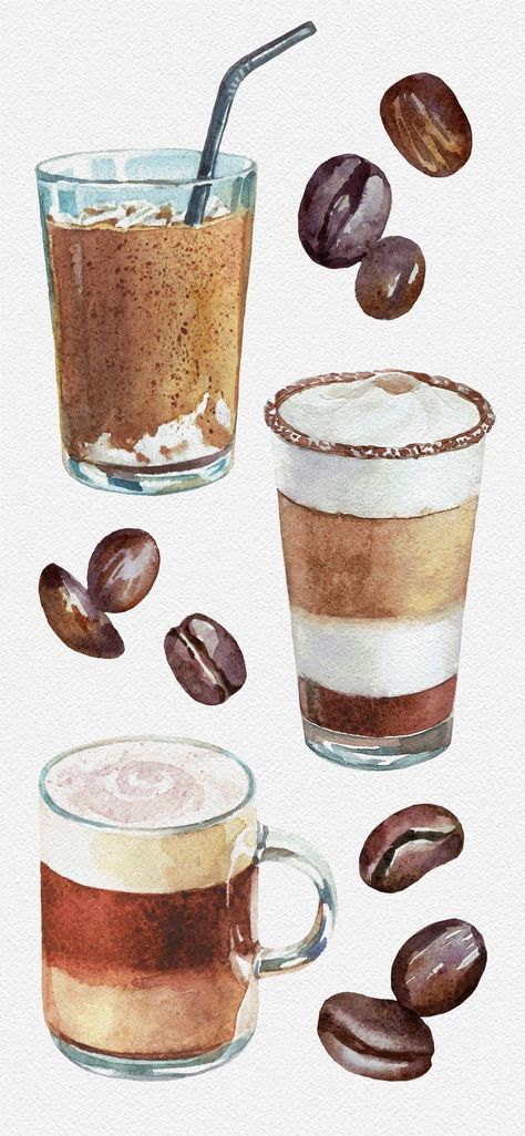 Coffee Art Drawing, Coffee And Ice Cream, Watercolor Menu, Coffee Art Painting, Watercolor Food Illustration, Coffee Watercolor, Coffee Art Print, Food Illustration Art, Watercolor Water