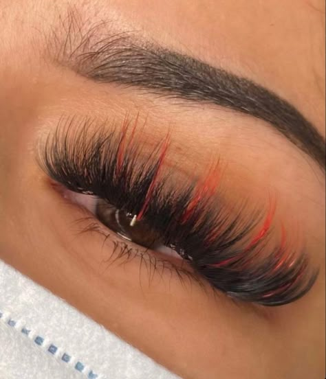 Lash Extensions With Red Color, Red And Black Lash Extensions, Hybrid Lash Extensions Styles With Color, Eyelash Extensions With Red, Lash Extensions With Red, Hybrid Lash Extensions With Color, Orange Lash Extensions, Christmas Lash Extensions, Eyelash Extensions Styles With Color