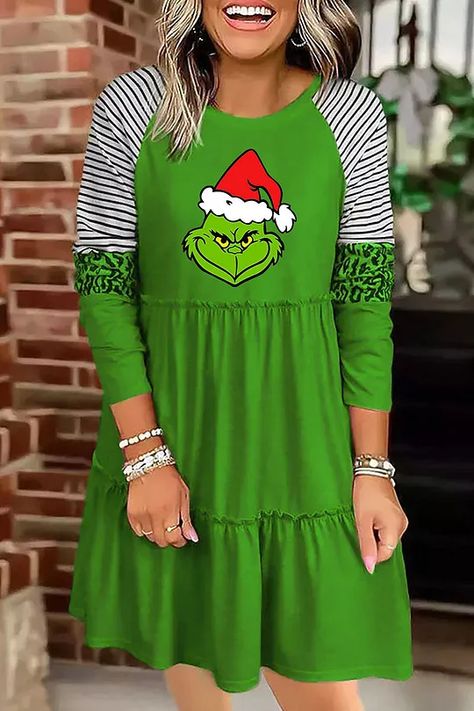 Casual Print Patchwork O Neck Straight Dresses Grinch Dress, Hat Cartoon, Straight Dress, Mini Dress Casual, Loose Outfit, Green Print, Olivia Mark, Cotton Style, Tunic Dress