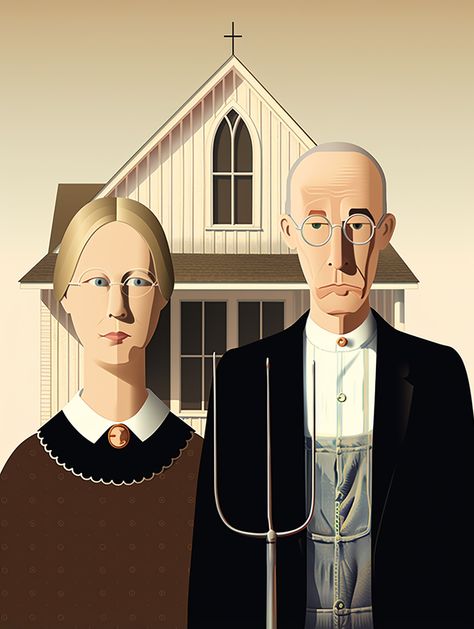 American Gothic (Grant Wood) depicted in a Scandinavian minimalistic art style. AI-generated Gothic Drawings, Grant Wood, Minimalistic Art, American Gothic, Art Style, Drawers, Drawings, Wood, Quick Saves