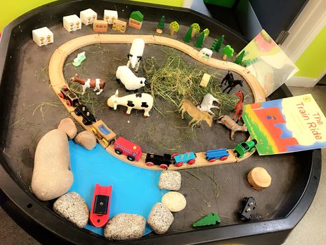 The train ride Eyfs Trains Activities, Train Tuff Tray Ideas, The Train Ride Eyfs, The Train Ride Eyfs Activities, Chestnut Ideas, Story Shelves, Butterflies Classroom, Tuff Tray Ideas Toddlers, Bonsai Indoor