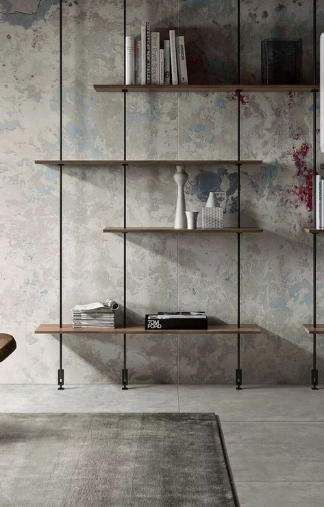 Living Room Metal Shelves, Korean Industrial Design, Modern Bedroom Shelving, Simple Shelving Ideas, Black Frame Doors Interior, Home Decor Ideas Living Room Fireplace Interior Design, Diy Floor To Ceiling Shelves, Floor To Ceiling Floating Shelves, Industrial Home Decor Ideas