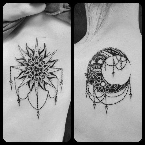 Tattoo Sister, Tattoo Sonne, Tattoo Moon, Moon Tattoo Designs, Bff Tattoos, Sun Tattoos, Friendship Tattoos, Lotus Tattoo, Matching Tattoo