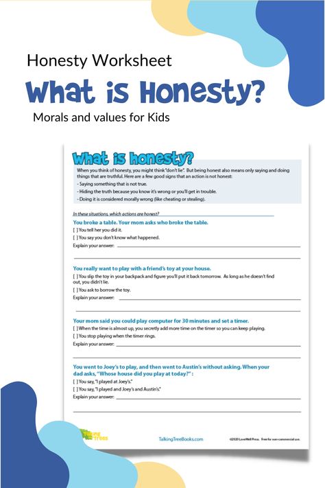 Honesty Worksheet to Teach Morals and Values to Kids Moral Science Worksheet, Honesty Worksheets Free Printable, Lying Worksheets For Kids, Values Inculcation Activities, Honesty Worksheet, Honesty Activities For Kids, Inculcation Approach, Classroom Sel, Values Clarification