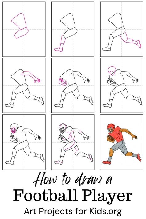 Learn how to draw a Football Player with an easy step-by-step PDF tutorial. #howtodraw #tutorial #drawing #drawingtutorial #arttutorial #artprojectsforkids #howtodrawforkids #footballplayerdrawing Football Player Drawing, Football Paintings, Football Coloring Pages, Sports Drawings, Art Books For Kids, Football Drawing, Kids Canvas Art, Graph Paper Drawings, Kids Canvas