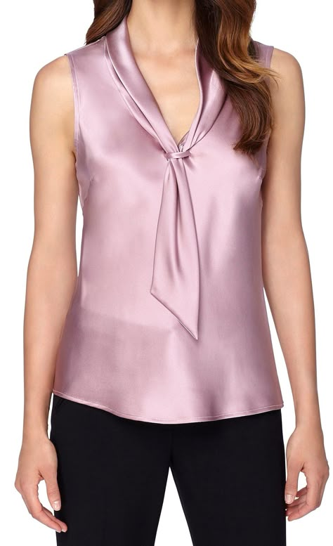 Sleeveless Satin Blouse For Work, Elegant Silk Sleeveless Blouse Tops, Chic Satin Sleeveless Blouse, Chic Satin Tie Neck Blouse, Elegant Satin Tie-neck Blouse, Silk Tops Blouses, Short Girl Fashion, Tie Neck Top, Ladies Tops Blouses