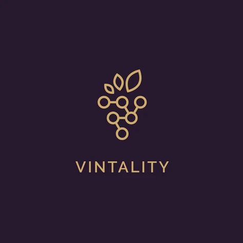 The grape cluster in the tech form. It communicates combination of technology and viticulture. I simplified grape form to cultivate an elegant and luxurious emotion around brand. I used very subtle colors close to purple and gold to represent sophistication and luxury. Grape Logo Design, Wine Shop Logo, Grape Logo, Wine Logo Design, Wine Branding, Wine Leaves, Wine Names, Wine Logo, Life Logo