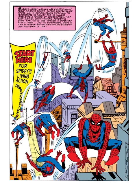 Spidey's Living Action Demonstration Pin Up Art by Steve Ditko Steve Ditko Art, Marvel Comic Covers, Heroic Age, Avengers Hulk, Superman And Spiderman, Kraven The Hunter, Spider Man Art, Vintage Marvel, Steve Ditko