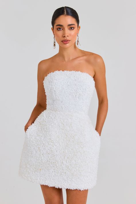 Nadine Merabi White Dress, White Chiffon Fabric, Structured Skirt, Nadine Merabi, Structured Corset, Corset Boning, Embroidered Chiffon, White Dresses For Women, White Tulips