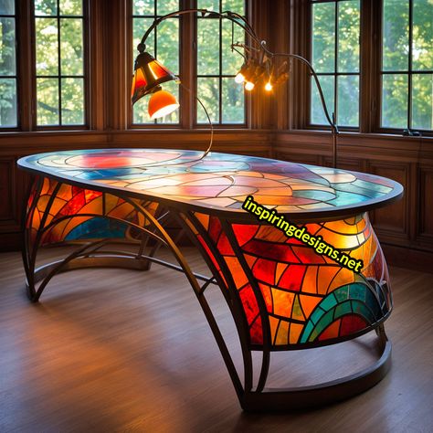 These Stunning Stained Glass Desks Will Illuminate Your Workspace Stained Glass Furniture, Cozy Studio Apartment, Tiny Studio Apartments, Glass Tables, Unique Furniture Design, Tiny Studio, Glass Desk, Glass Furniture, Funky Painted Furniture