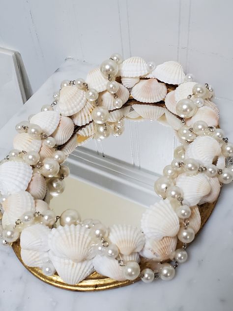 Handmade shell and pearl wall mirror or small vanity tray for jewelry or minature perfume bottles. Keep in mind this mirror is only 8x6 inches. Any questions or information I have not covered in my description please ask.  Check out my sons shop Jmoriginalart and my husband's shop hiddentreasureshoppe just put their shop name in the etsy search bar all one word. Pearl Mirror, Tray For Jewelry, Shell Mirror, Wooden Organizer, Small Vanity, Vanity Room, Tray Diy, Perfume Tray, Shop Name