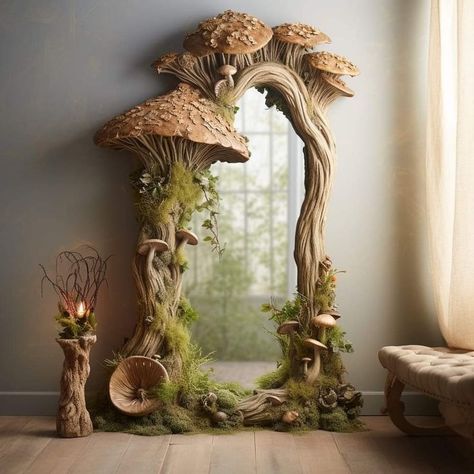 Enchanted Forest Theme Bedroom, Mushroom Themed Room, Spaceship Bedroom, Forest Theme Bedroom, Mushroom Mirror, Whimsical Mirror, Fairy Mirror, Shroom Art, Enchanted Mirror