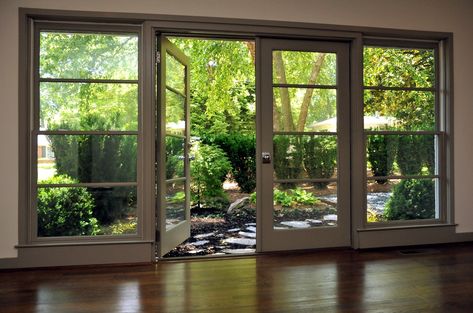 Modern French Door, Modern French Doors, French Doors To Deck, Joanna Gaines House, Modern Patio Doors, Mid Century Modern Ranch, Mid Century Ranch, French Doors Patio, Modern Ranch