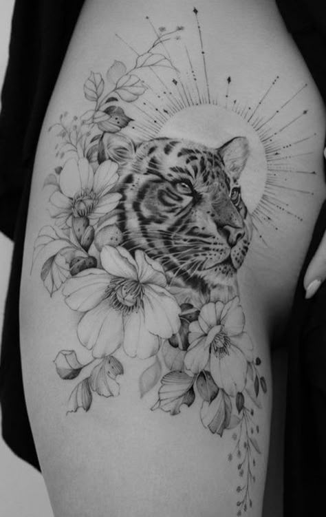 Tiger Peony Tattoo, Tiger Tattoo Flowers, Tiger And Sun Tattoo, Tiger Flower Tattoo Design, Pretty Animal Tattoos, White Tiger Tattoo For Women, Tiger Tattoo Design For Women, Feminine Tiger Tattoo For Women, Tiger Tattoo Shoulder