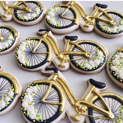 Angela Luisi Rudy on Instagram: “Golden bicycles for some Thursday happy #bike #bicycle  #bikecookies #cookies #sugarcookies #decoratedcookies #decoratedsugarcookies…” Volunteer Appreciation Party, Elf Ideas Easy, Fondant Icing, Cookie Inspiration, Chocolate Covered Strawberries, Sugar Cookies Decorated, Chocolate Covered, Fun Wedding, Gingerbread House