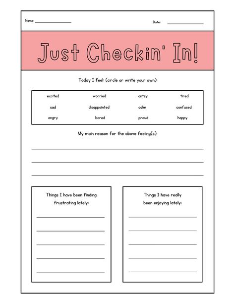 Support System Activities, Socio Emotional Learning Activities, Counseling Check In Sheet, Student Check In Ideas, Feelings Check In Worksheet, Group Check In Questions, Just Checking In, Friend Check In, Social Emotional Check In